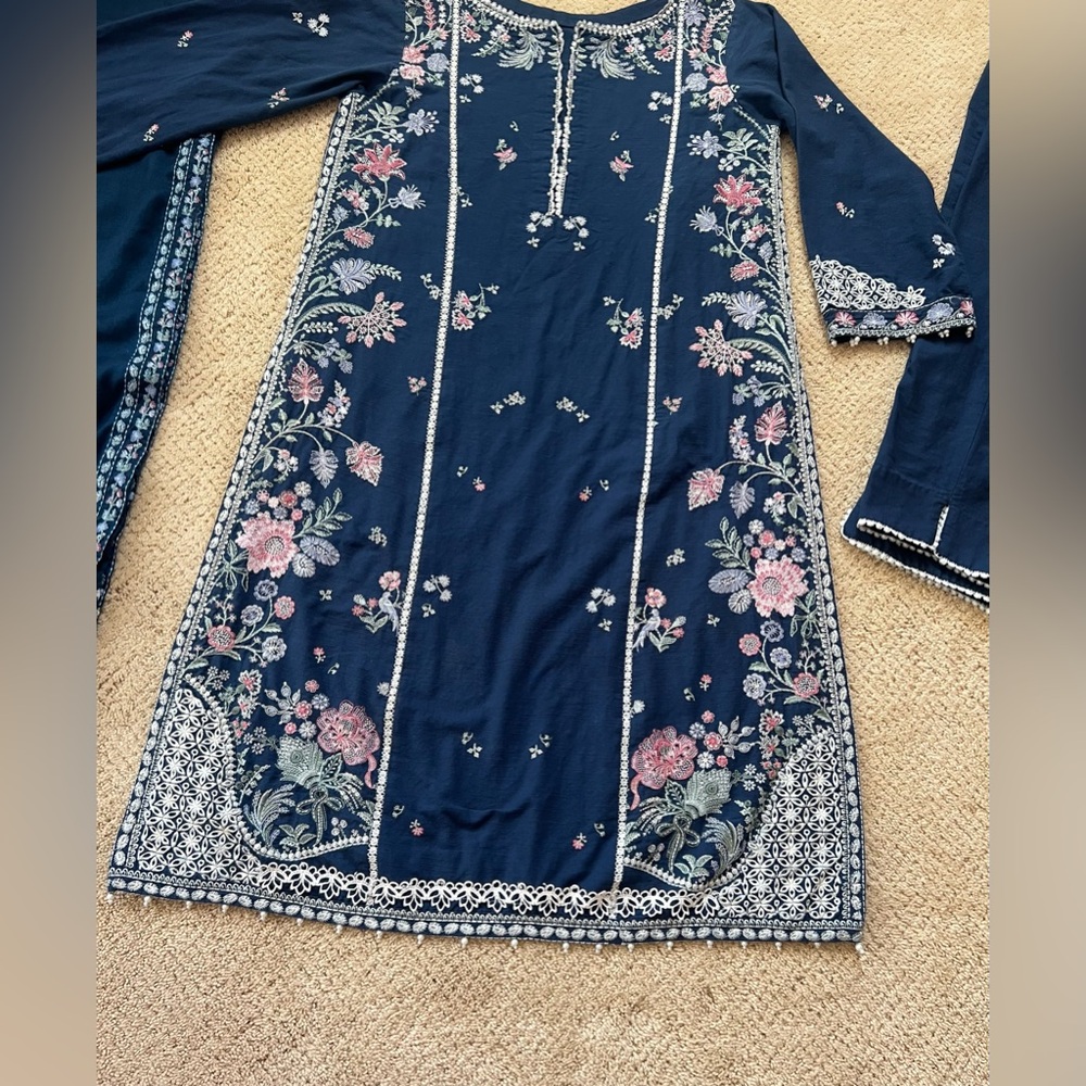 Floral Embroidered Navy Dress Brand ZAHA Pakistani Indian dress
